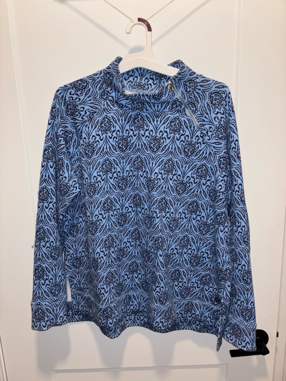 Lily Pulitzer XL Light Blue Turtle Patterned Mock Neck Sweater w/ Gold Zip Neck